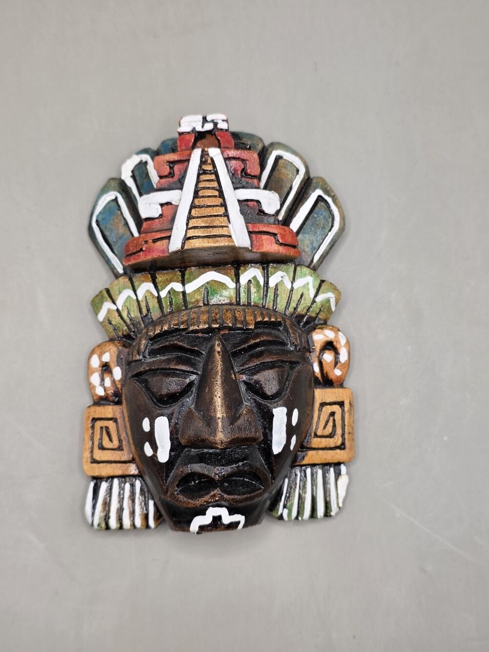 Vintage Mexican Hand Carved Wood Aztec Mayan Mask Plaque Painted Warrior Folk...